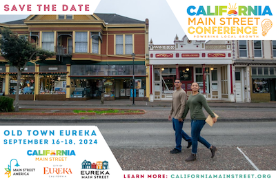 Logo for the California Main Street Conference 2024, to be held in Eureka, California.