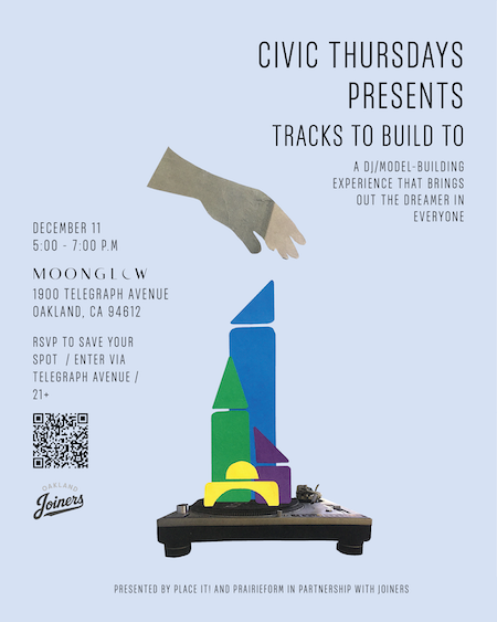 Flyer for upcoming Tracks to Build to event with Place It!'s James Rojas, Oakland Joiners' Jared Joiner, and John Kamp of Prairieform (aka DJ Johnnycakes)