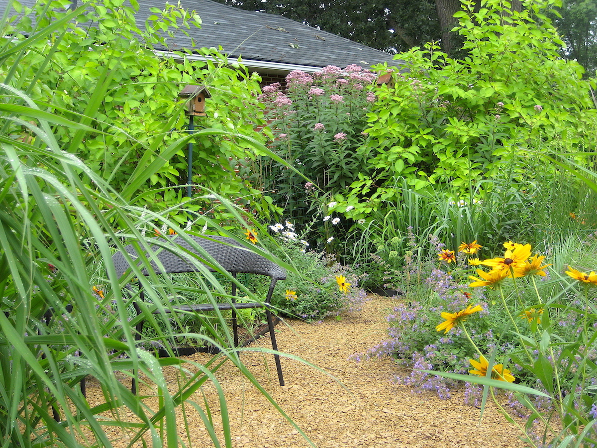 Formally wild landscape in Minneapolsi by Prairieform showing a gravel seating area, modern chairs, and a wild landscape surrounding it.