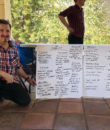 Photo of James Rojas of Place It! and John Kamp of Prairieform at a hands-on workshop on creating a bike-friendly Elysian Valley.